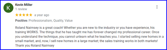 Kevin Miller's Google Review on New Home Sales Plus Virtual Academy
