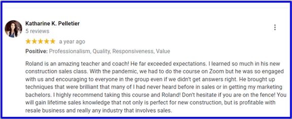 Katharine K. Pelletier's Google Review on New Home Sales Plus Virtual Academy